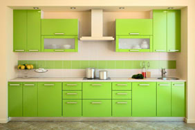 University Kitchen - Green with Glass Cabinets