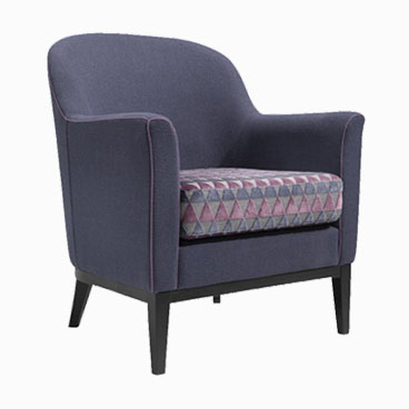 Diego geometric patterned armchair with loose seat cushion and purple piping detail
