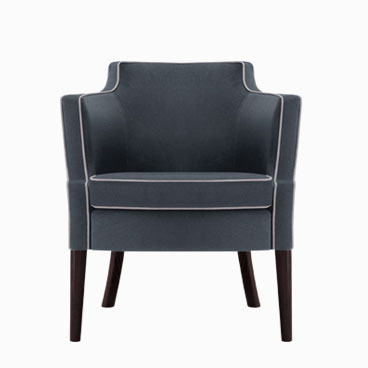 Brizio dark blue tub chair with wooden tapered legs and contrasting piping