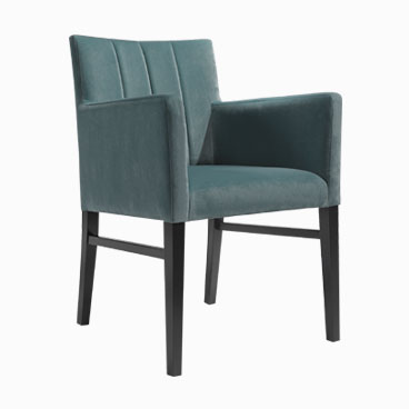 Sage fabric tub chair with upright backrest and dark timber legs